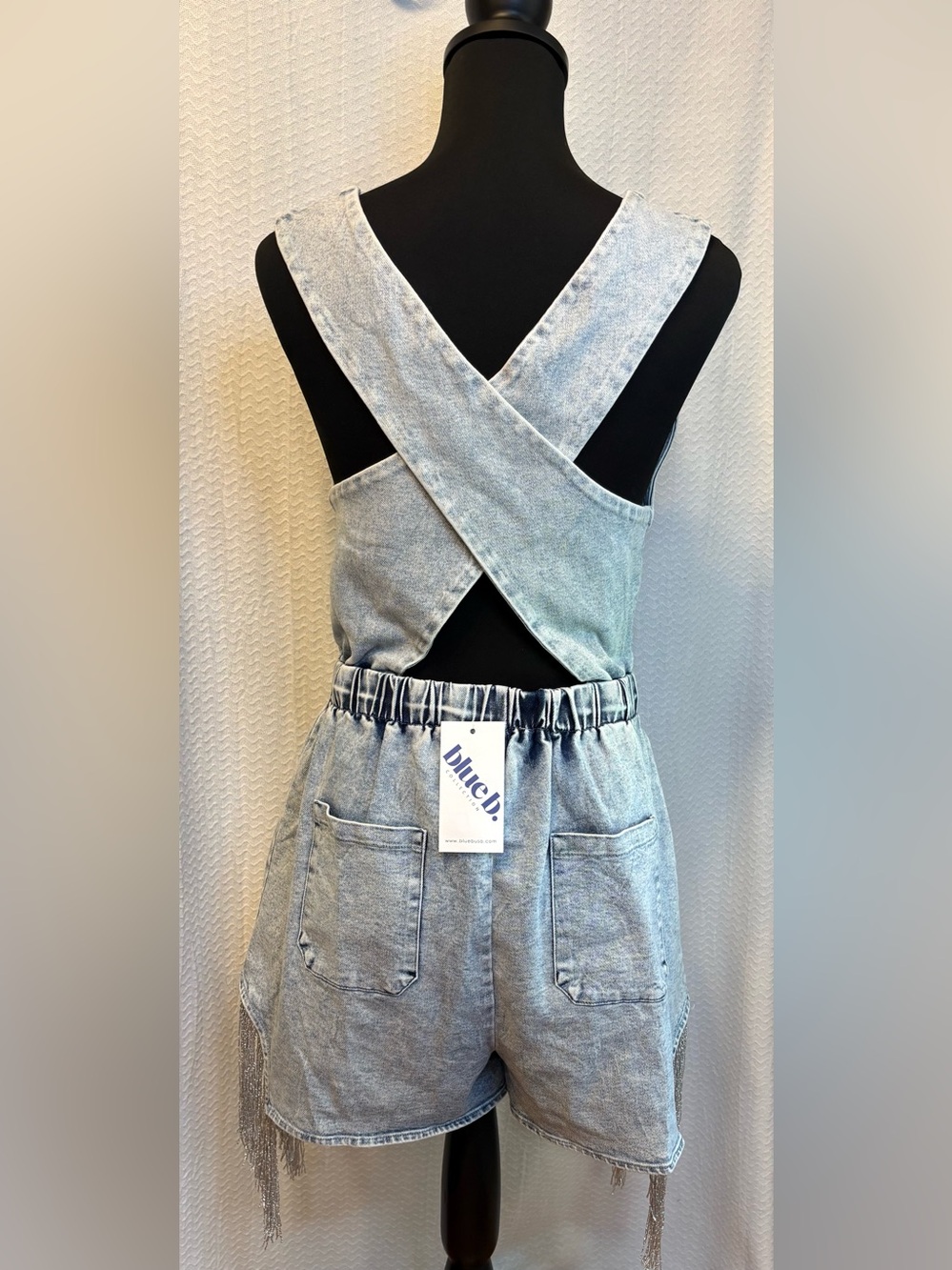 Blue B Collection Rhinestone Fringe 
Acid wash Denim Romper. NWT Size M